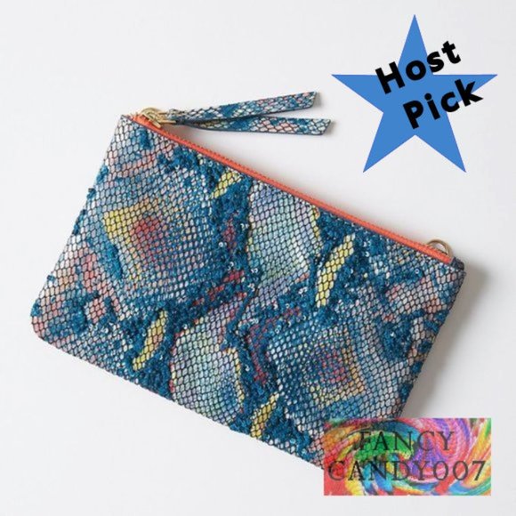 Sale! Anthropologie Sequined Snake-Printed Clutch, Blue, yellow, peach combo - Picture 5 of 8